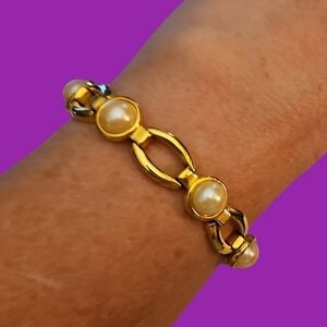 VTG Goldtone Pearl Link Formal Bridal Bracelet